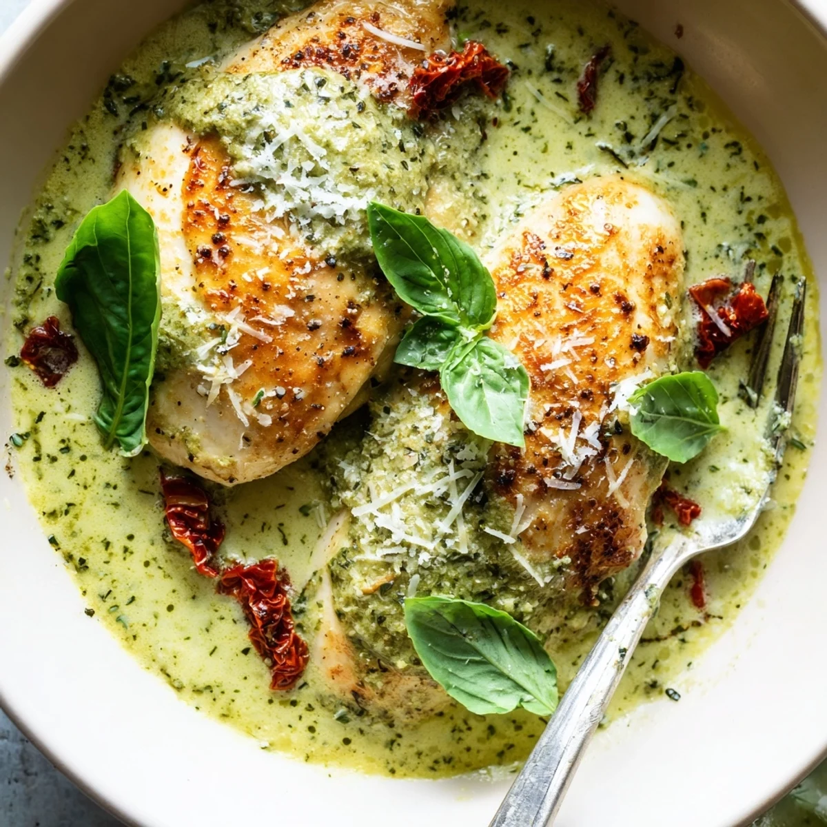 Creamy Marry Me Chicken Pesto served in a skillet with fresh basil and Parmesan
