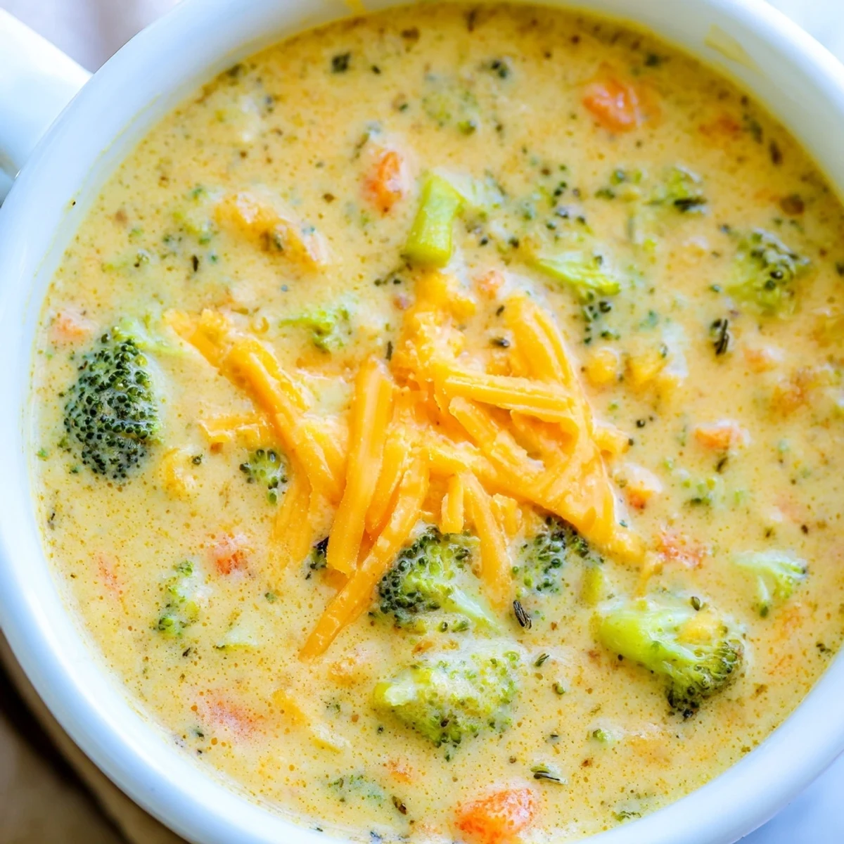 Creamy Slow Cooker Broccoli Cheese Soup ladled into a rustic bowl with crusty bread