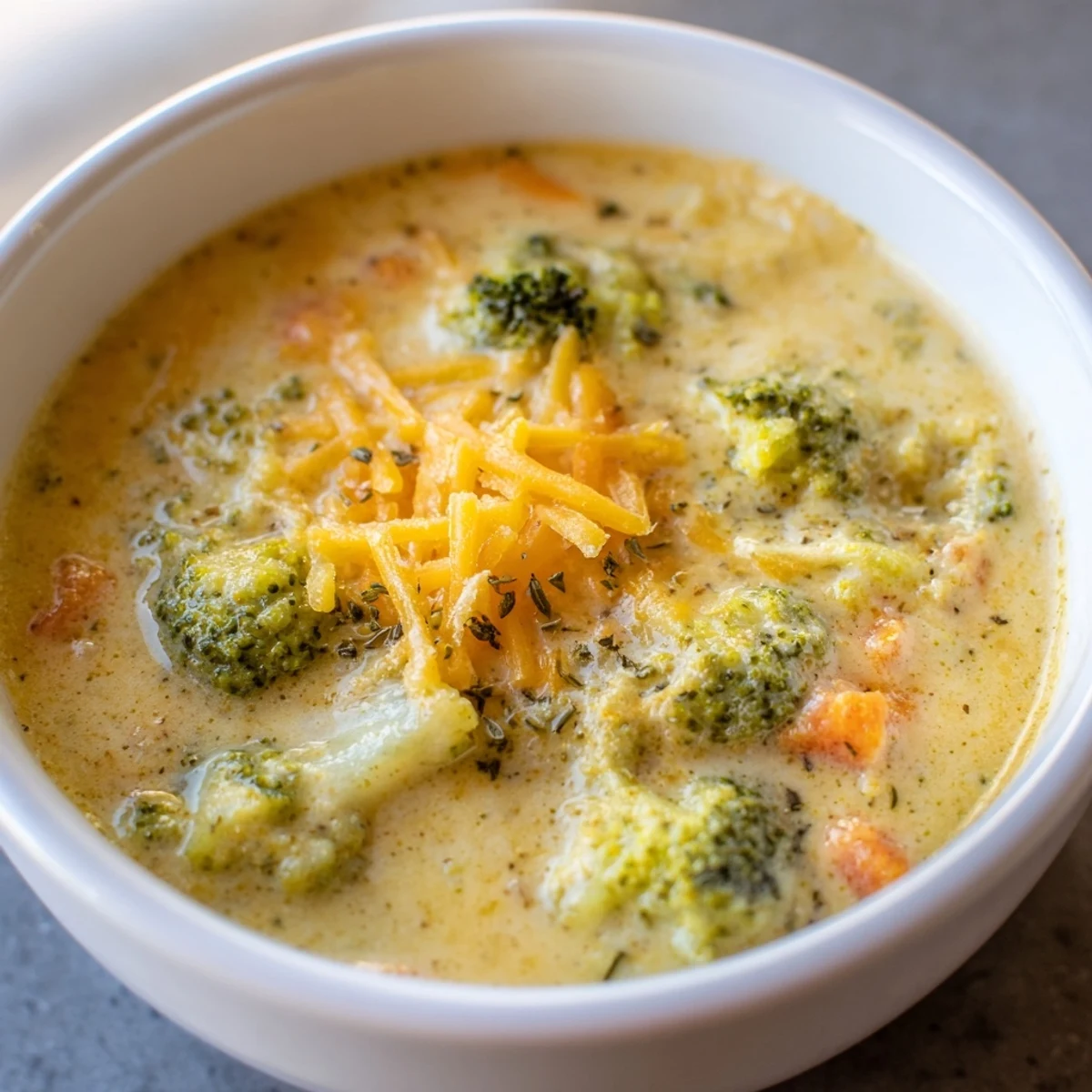 Slow Cooker Broccoli Cheese Soup in a bread bowl with melted cheddar on top