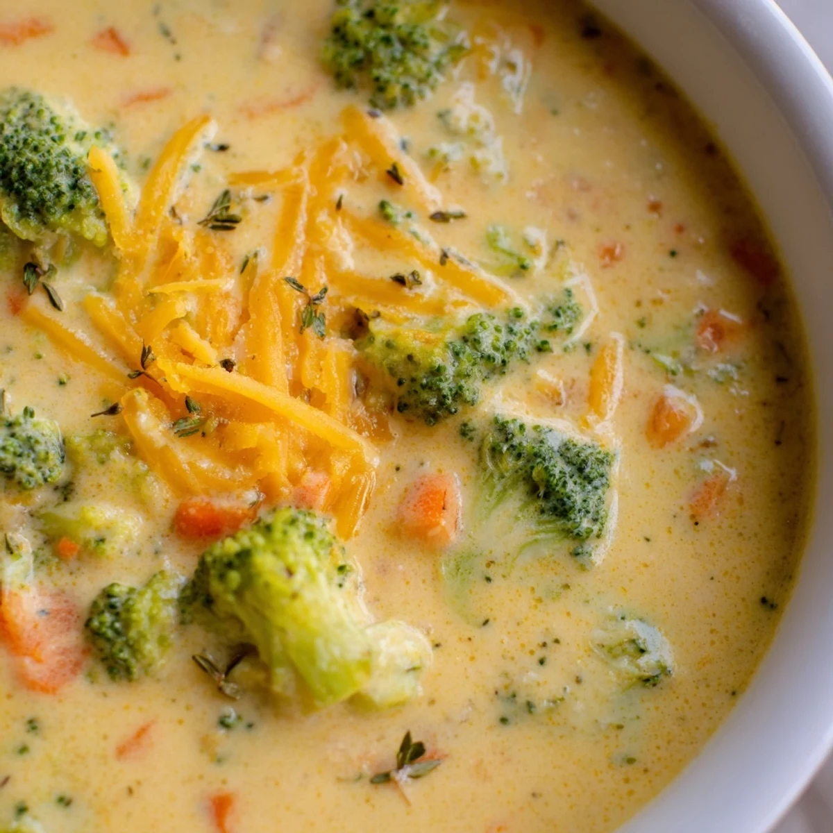 Thick golden Slow Cooker Broccoli Cheese Soup topped with shredded cheese and croutons