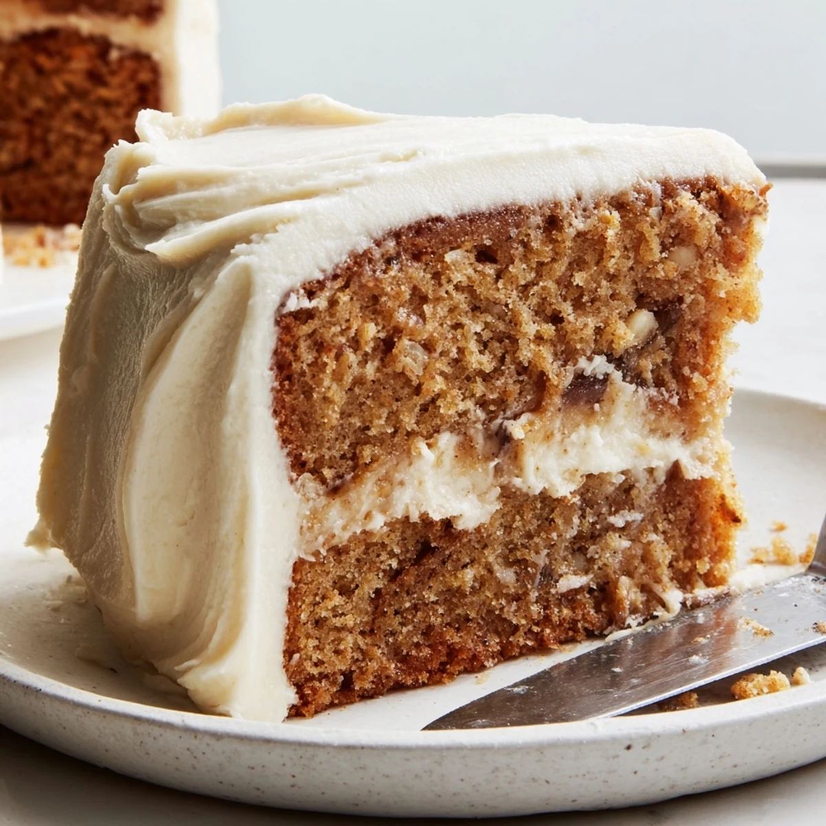 A slice of brown butter banana cake with thick cream cheese frosting on a rustic plate