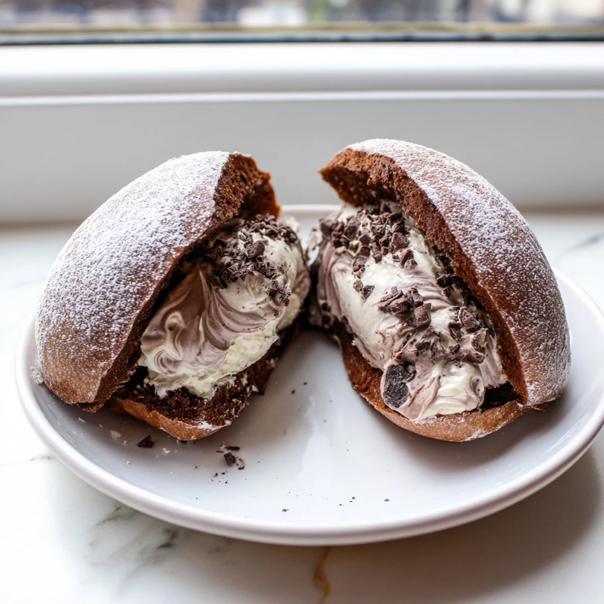 Italian Chocolate Maritozzi split open with billowing dark chocolate whipped cream spilling out
