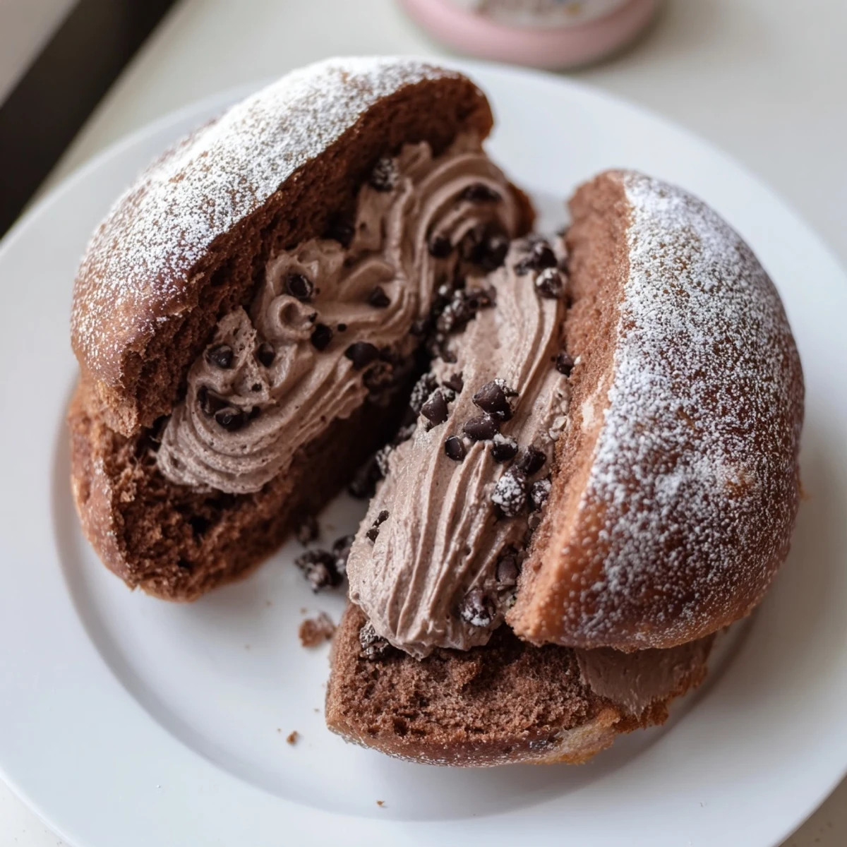 Golden-baked Italian Chocolate Maritozzi buns dusted with powdered sugar on a rustic tray
