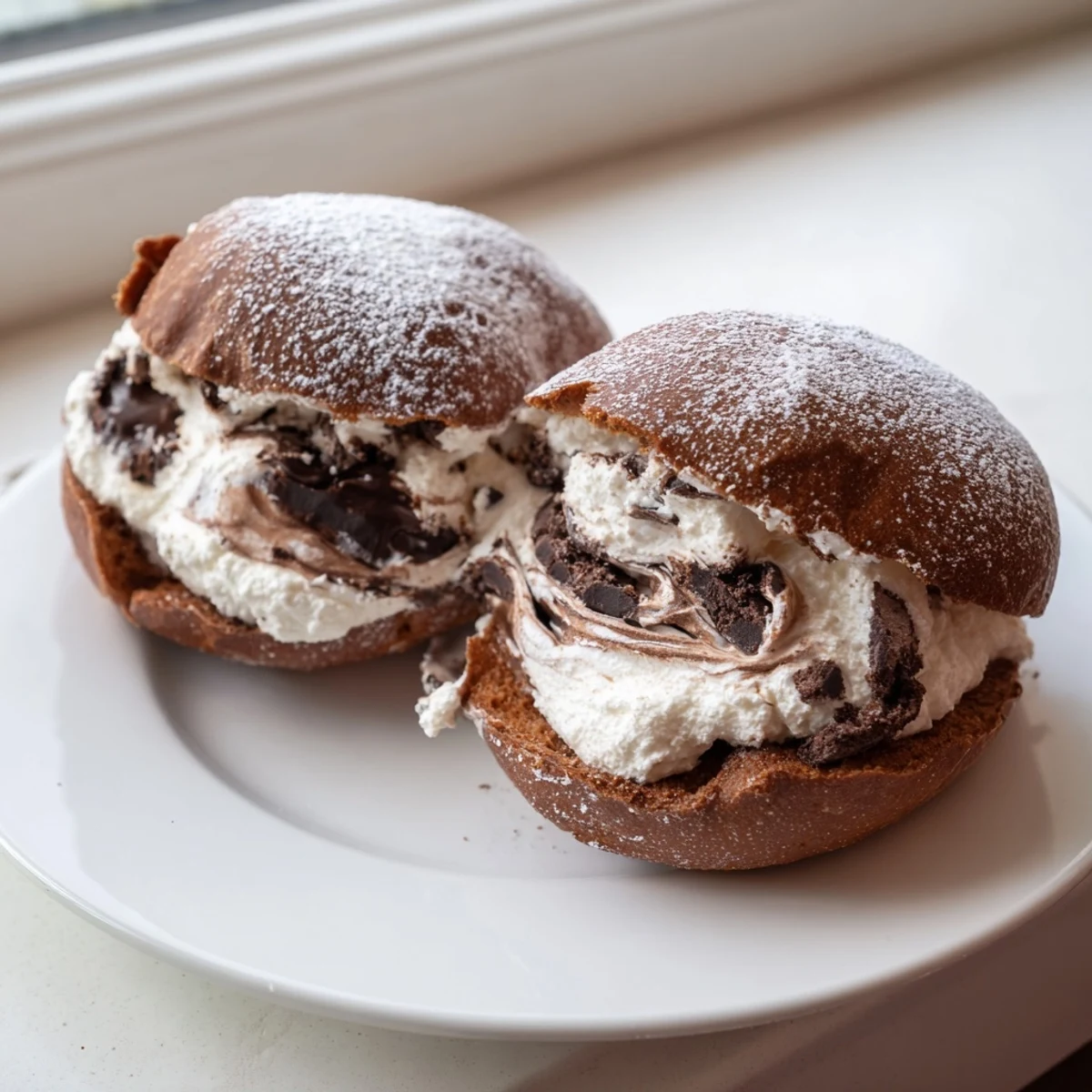 Soft Italian Chocolate Maritozzi oozing with rich chocolate cream, served beside a cappuccino