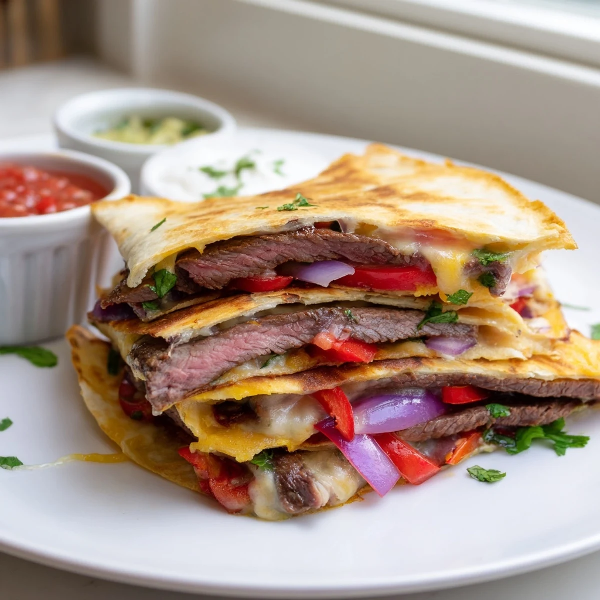 Golden steak quesadillas with melted cheese and sautéed peppers on a rustic plate