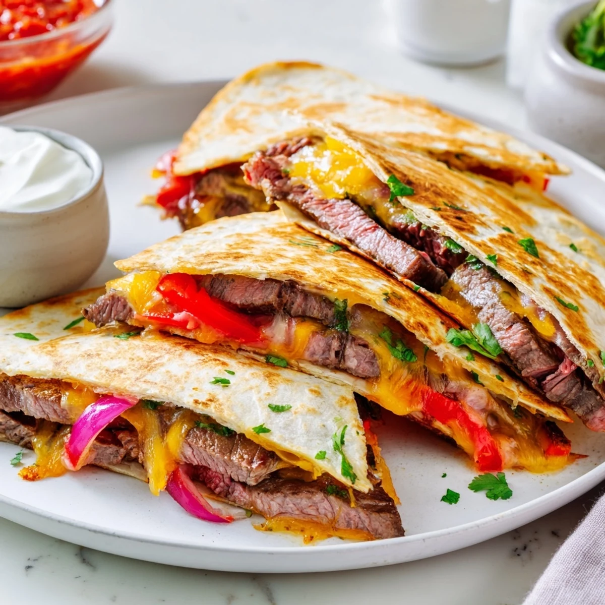 Crispy steak quesadillas cut into triangles beside fresh guacamole and salsa