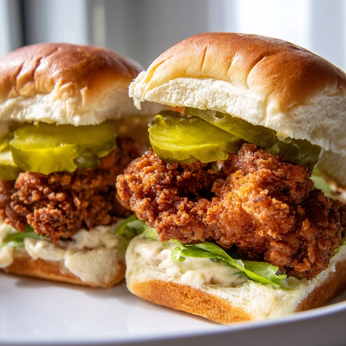 Crispy pickle brined fried chicken sliders served on toasted buns with creamy mustard sauce