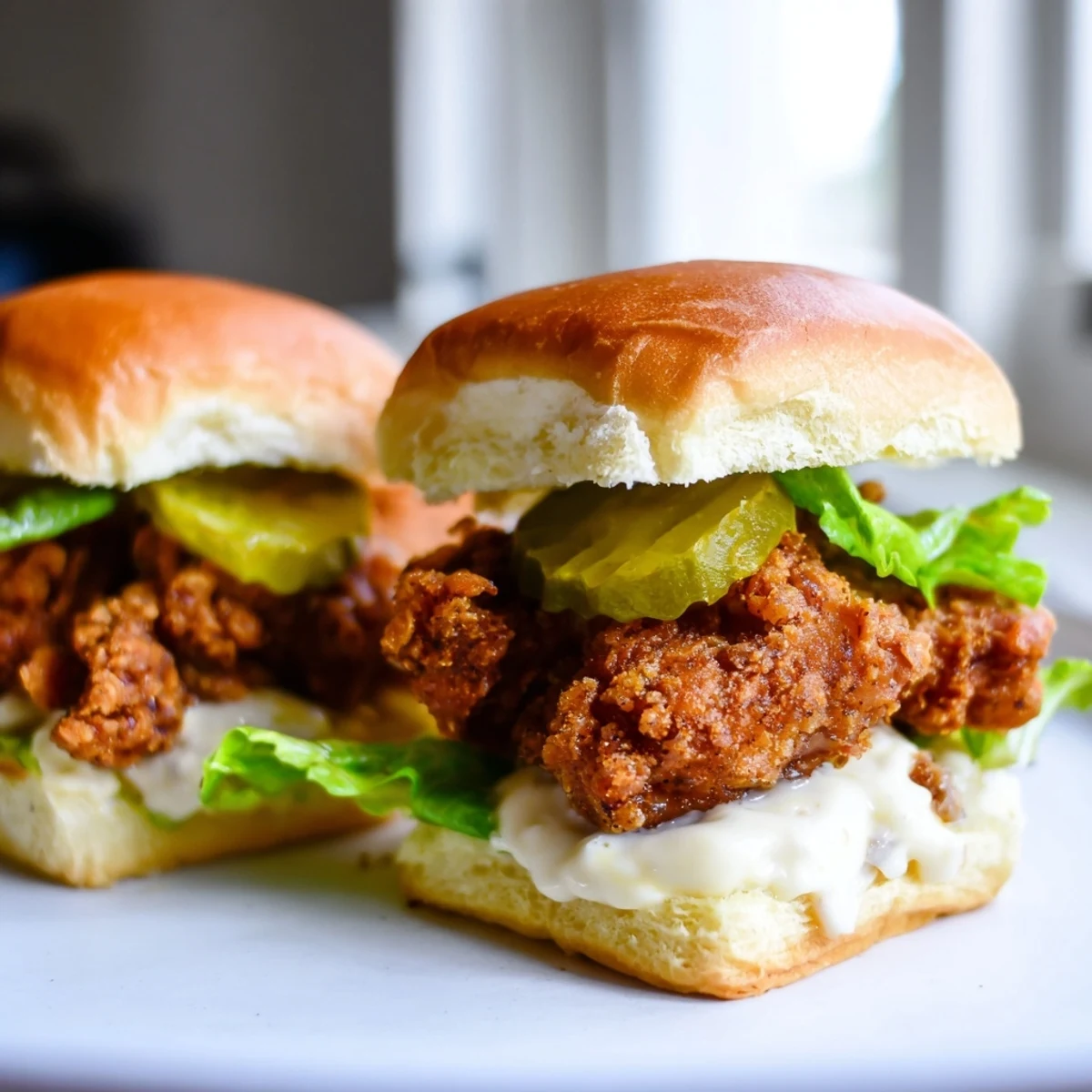 Golden crispy pickle brined fried chicken sliders stacked on soft buns with pickles and lettuce