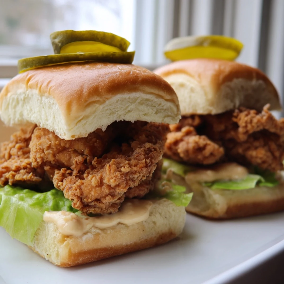 Juicy pickle brined fried chicken sliders with crunchy golden breading fresh lettuce and dill pickles