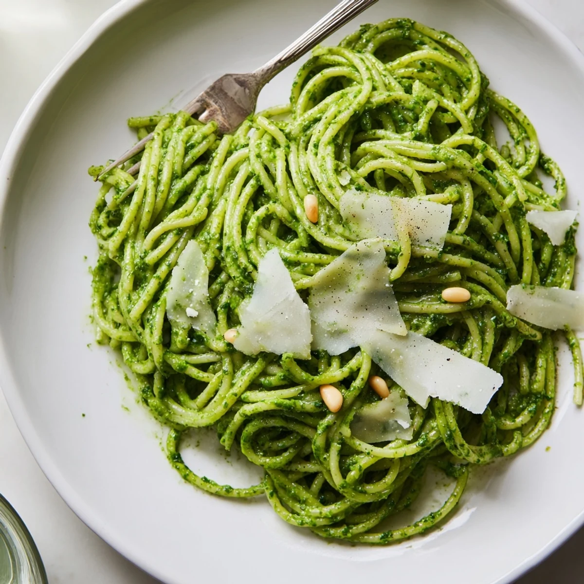 Creamy wild garlic pesto pasta coated in bright green herb sauce with shaved Parmesan on top