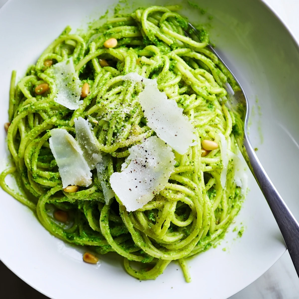 Wild garlic pesto pasta twirled on a fork showing vibrant green coating and toasted pine nuts