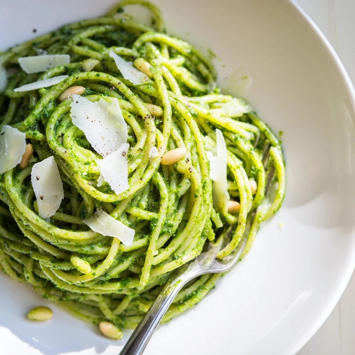 Steaming bowl of wild garlic pesto pasta garnished with cracked black pepper and fresh cheese
