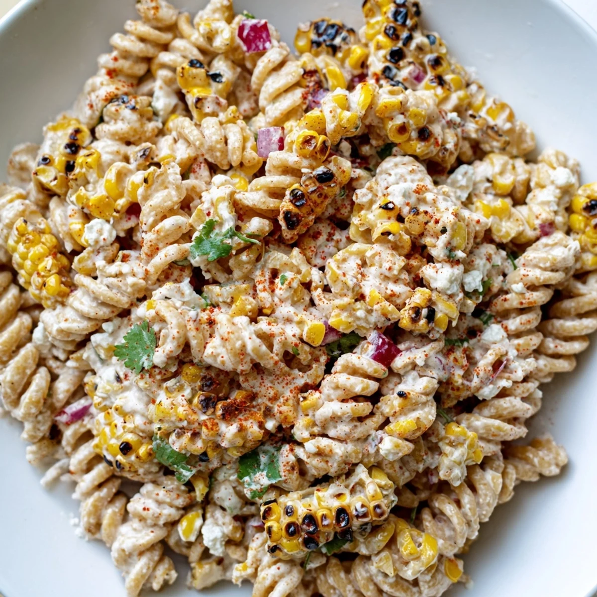 Creamy Elote Street Corn Pasta Salad topped with crumbled Cotija cheese and fresh cilantro
