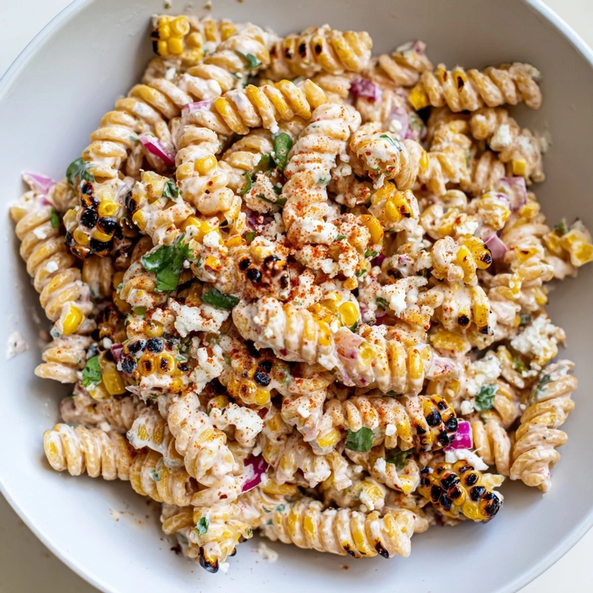 Smoky charred corn and tender rotini tossed in zesty Elote Street Corn Pasta Salad dressing