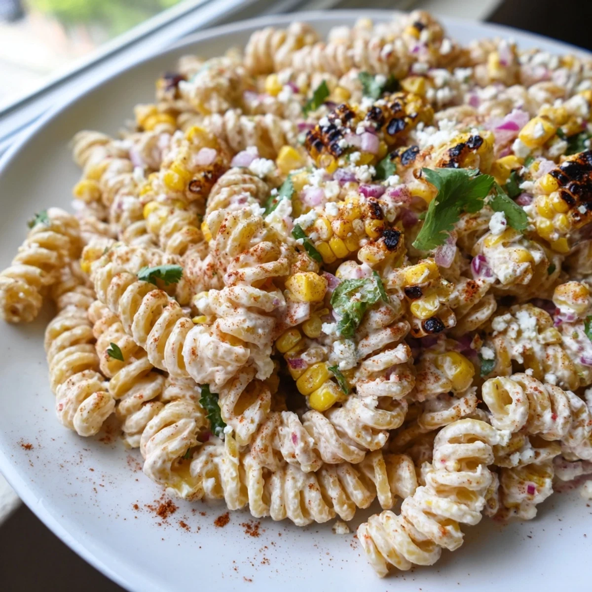Vibrant Elote Street Corn Pasta Salad served in a rustic bowl with lime wedges