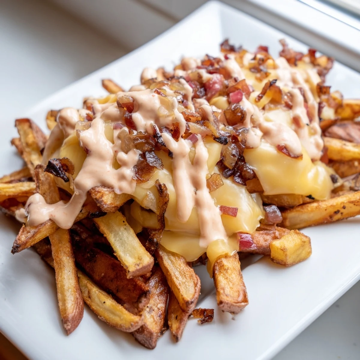 Crispy golden In N Out Animal Style Fries loaded with melted cheese and tangy sauce