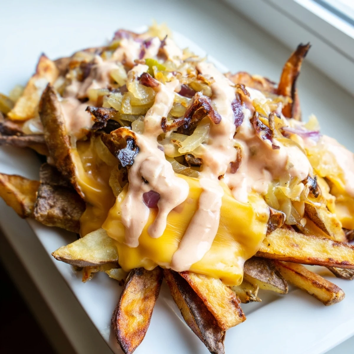 Cheesy In N Out Animal Style Fries drizzled with sauce in a cast iron skillet