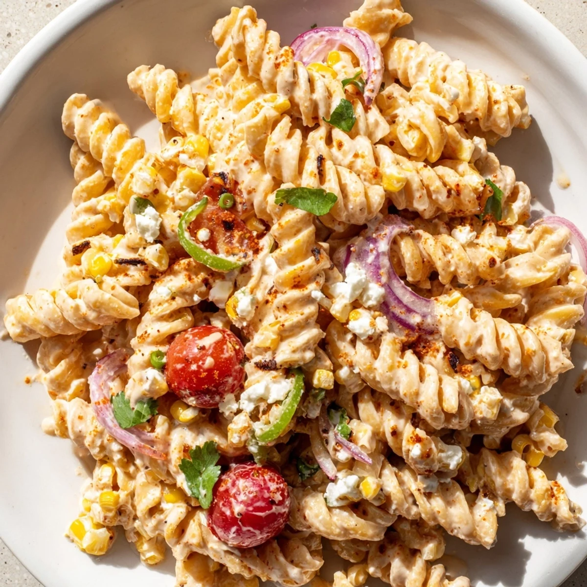 Creamy elote street corn pasta salad topped with crumbled cotija cheese and fresh cilantro