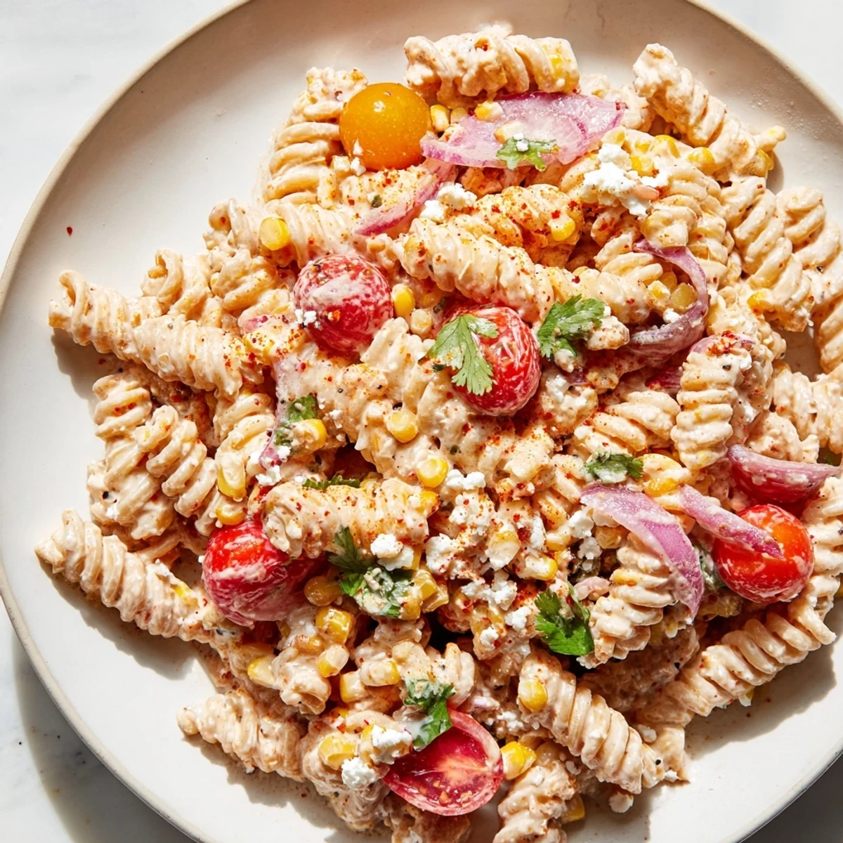 Smoky grilled corn and colorful vegetables tossed in a rich elote street corn pasta salad