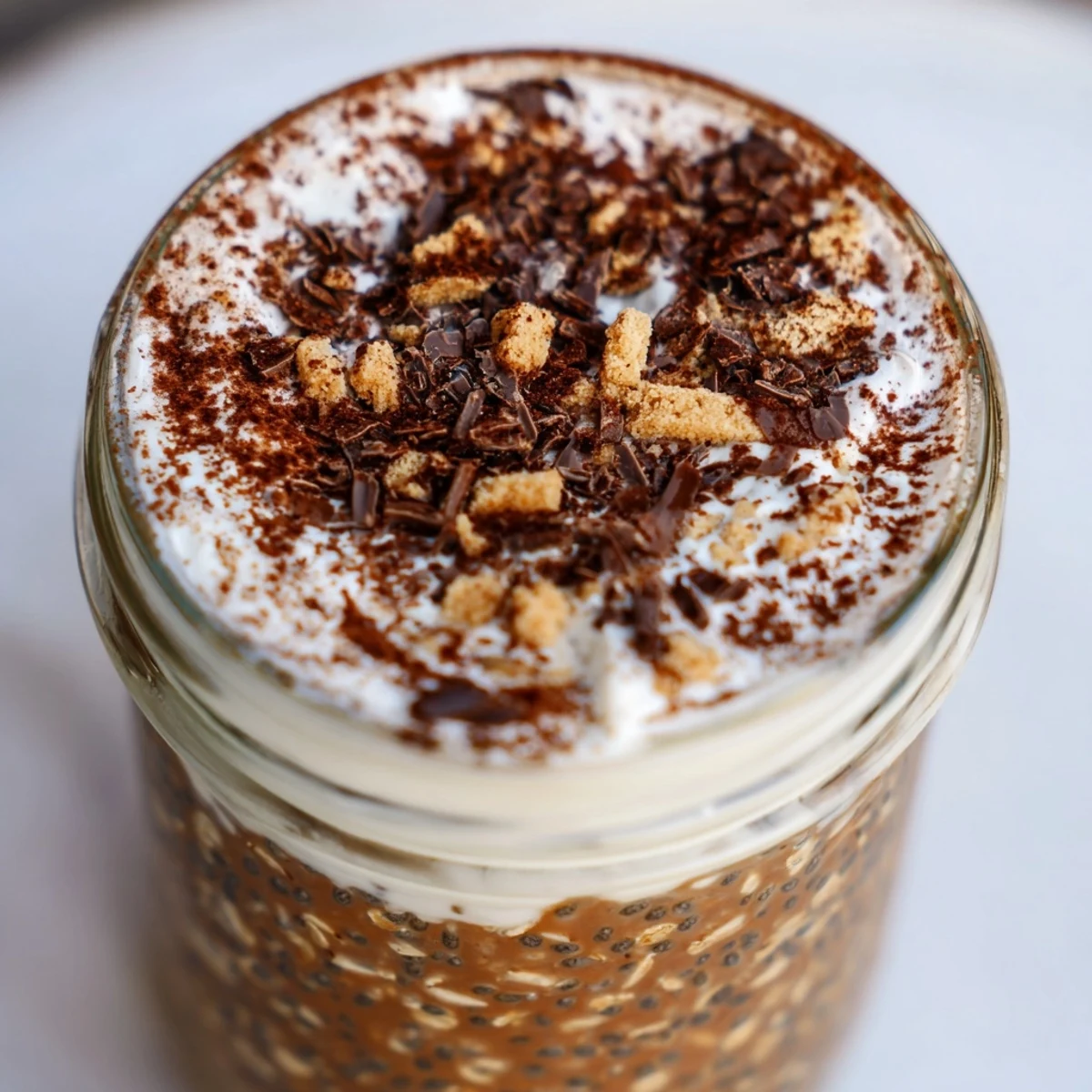 Creamy tiramisu overnight oats layered with mascarpone and topped with cocoa dusting