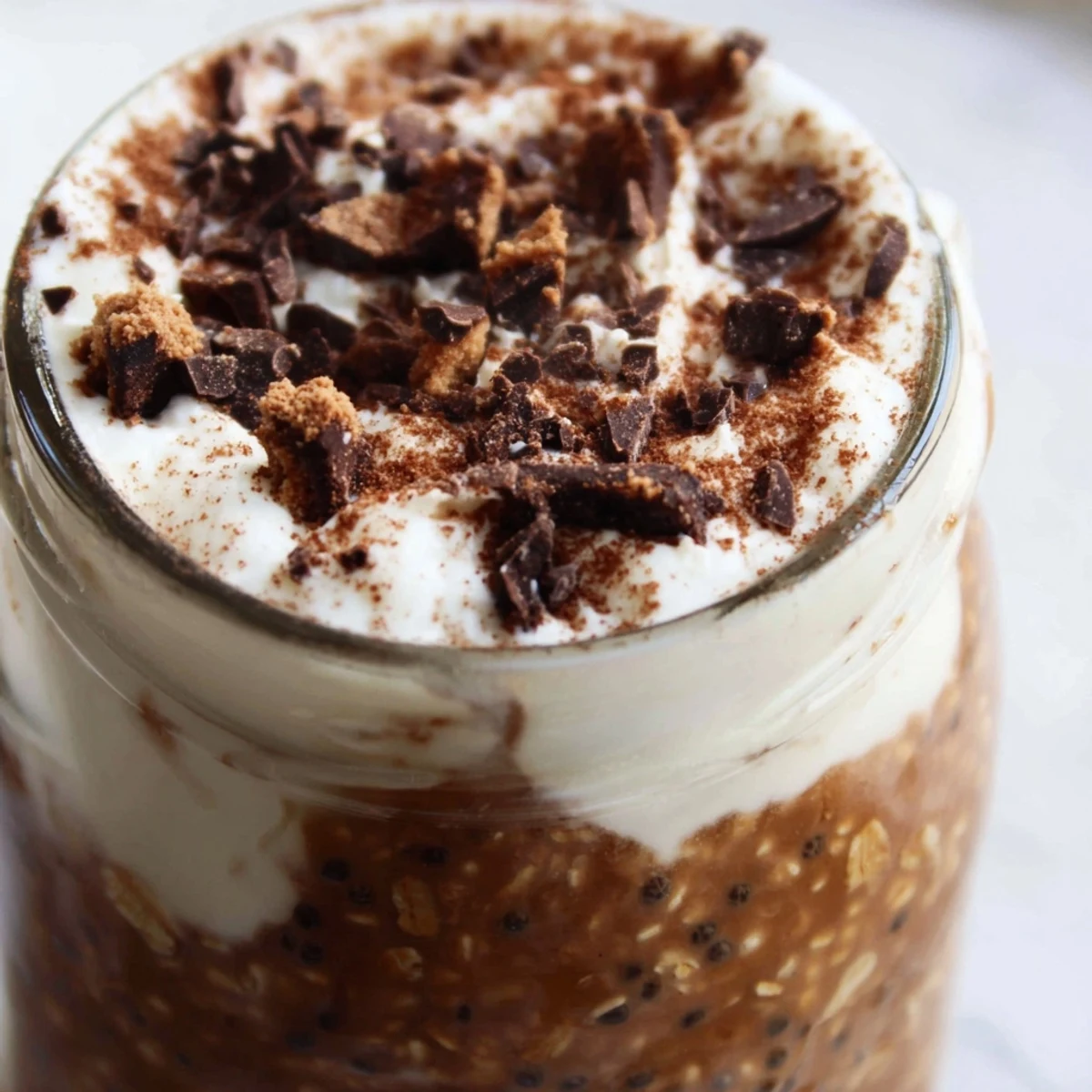 Tiramisu overnight oats served in glass jars with rich chocolate shavings and espresso-infused creamy layers