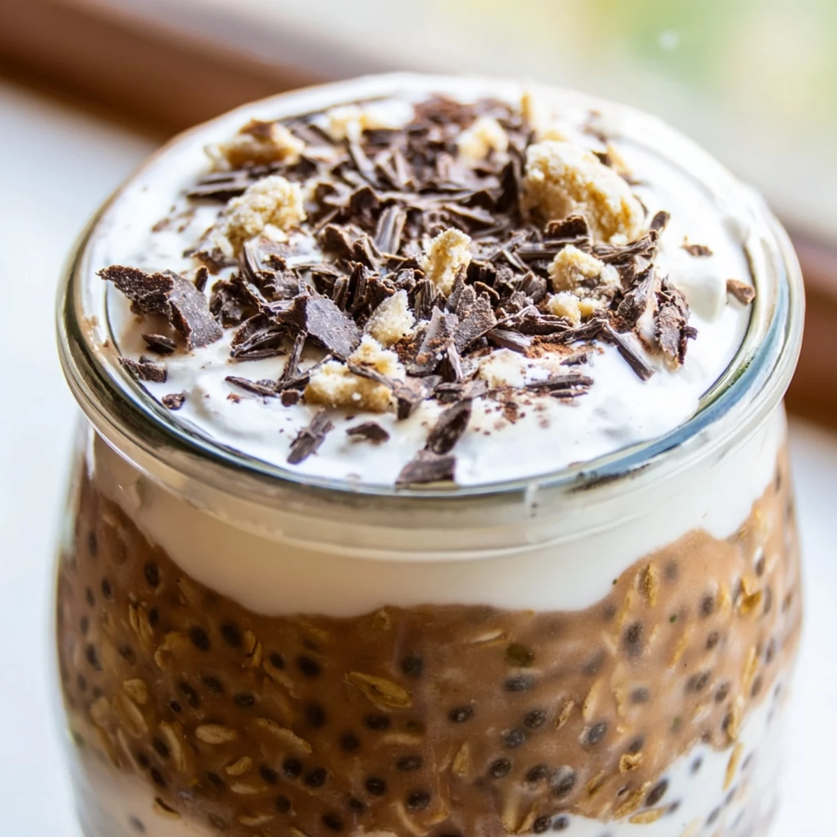 Luscious tiramisu overnight oats featuring a velvety mascarpone yogurt topping sprinkled with dark cocoa powder
