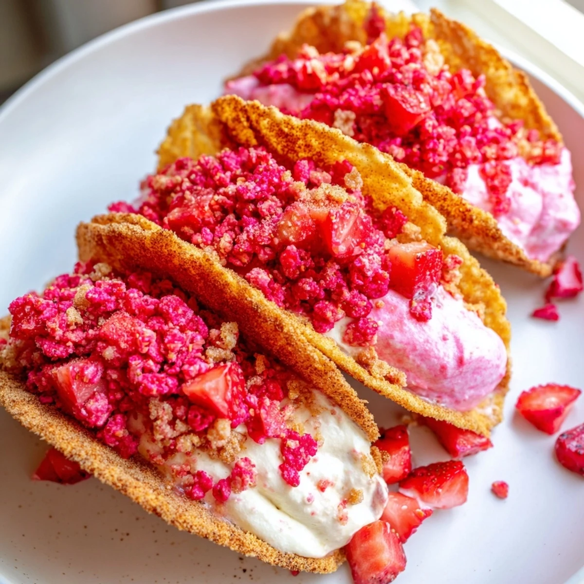 Crispy cinnamon sugar tortilla shells filled with creamy strawberry crunch cheesecake tacos on a rustic plate