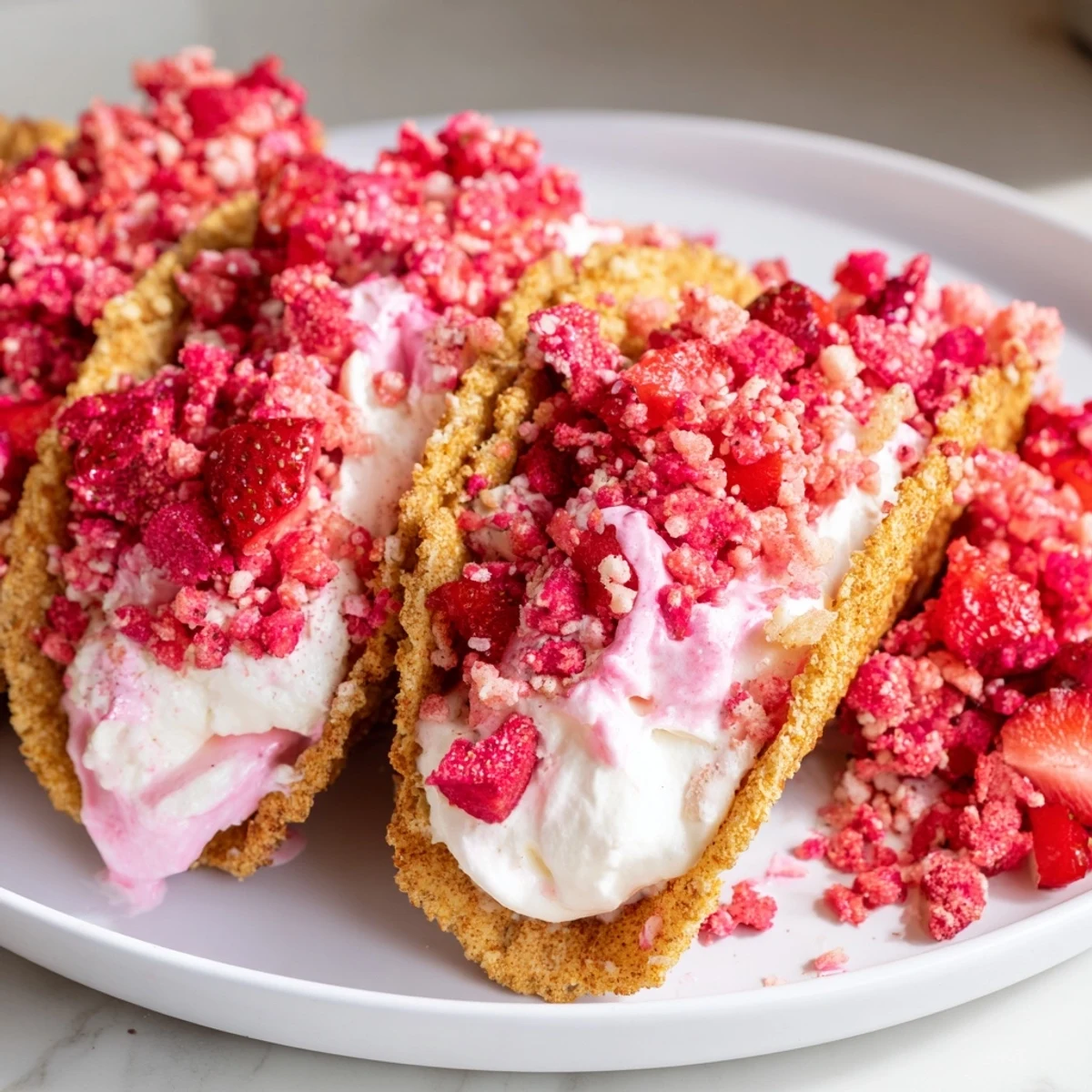 Golden baked taco shells stuffed with fluffy cheesecake mousse and topped with crunchy strawberry crumble bits