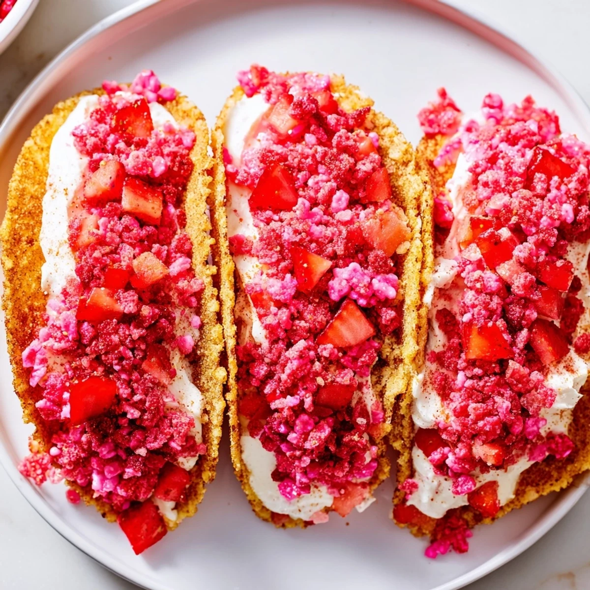 Creamy cheesecake filling spilling from crispy cinnamon tortilla shells topped with bright diced strawberries and strawberry crunch crumble
