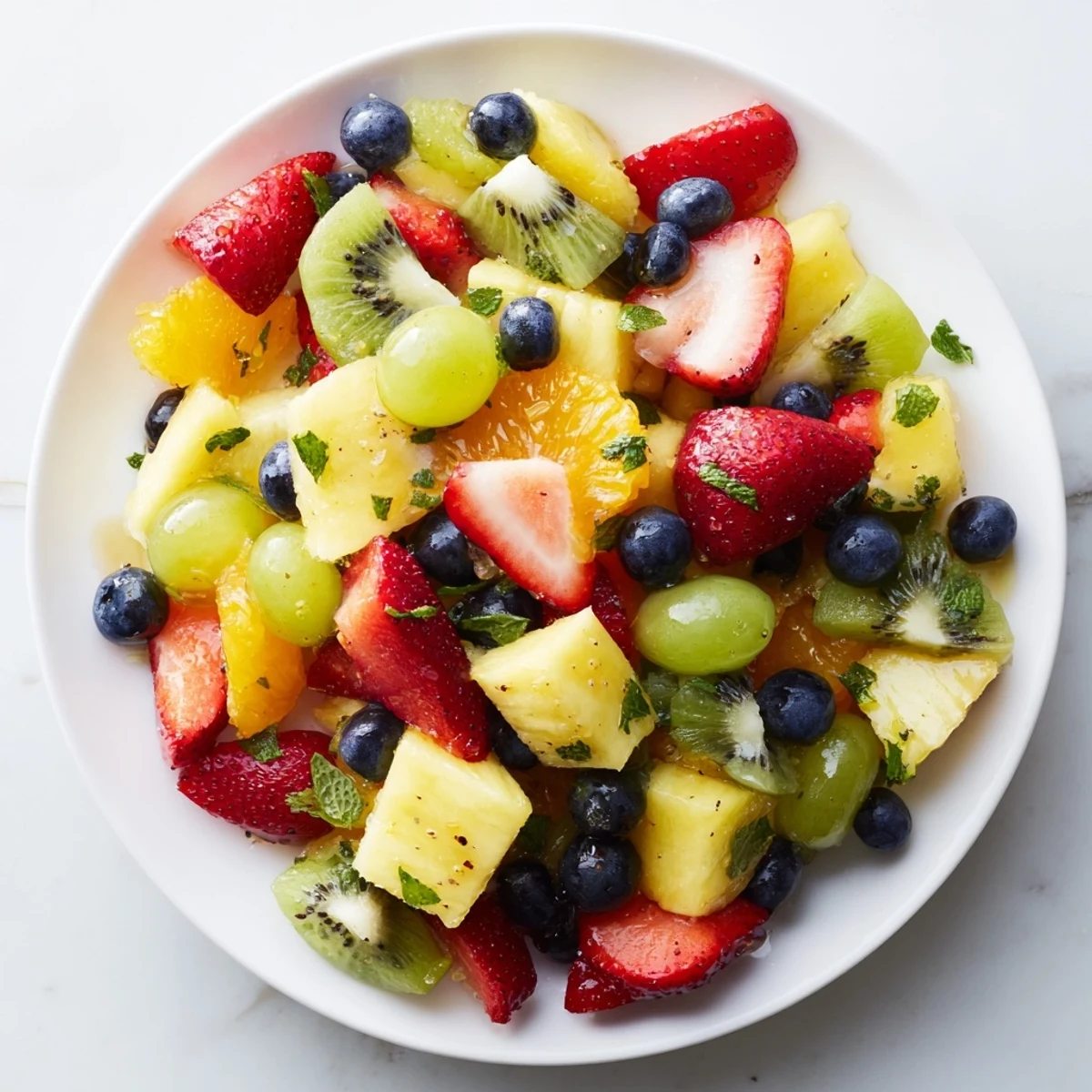 Colorful fruit bowl with fresh strawberries, blueberries, and kiwi glistening under natural light