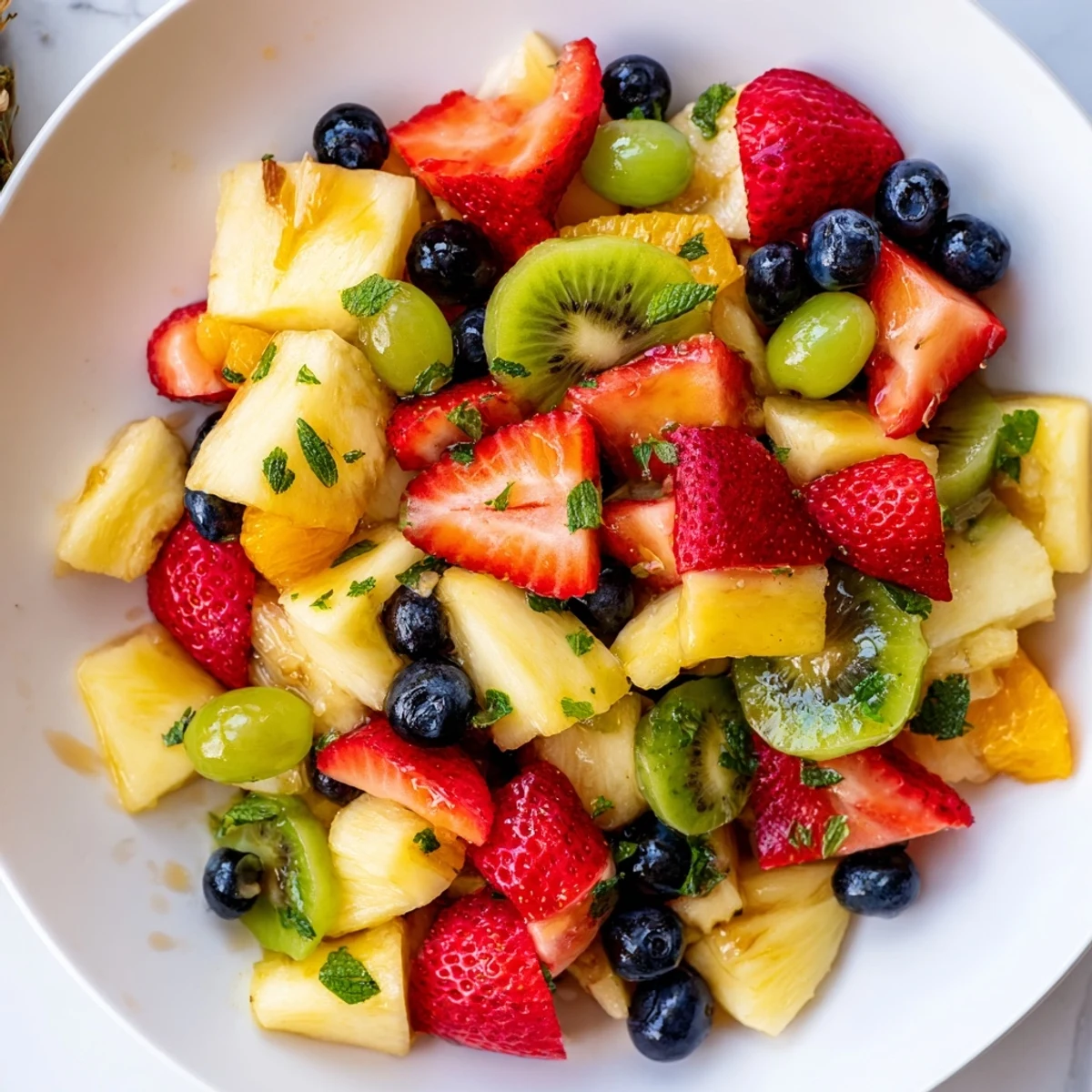 Refreshing fruit bowl recipe served in a rustic white bowl with mint garnish