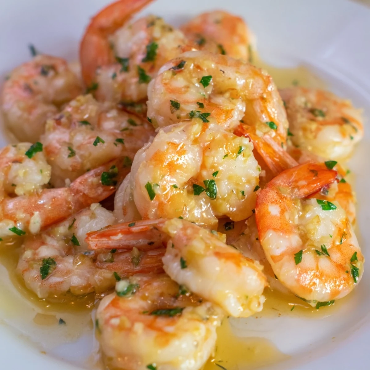Golden buttered shrimp glistening in garlicky butter sauce with fresh parsley and lemon wedges