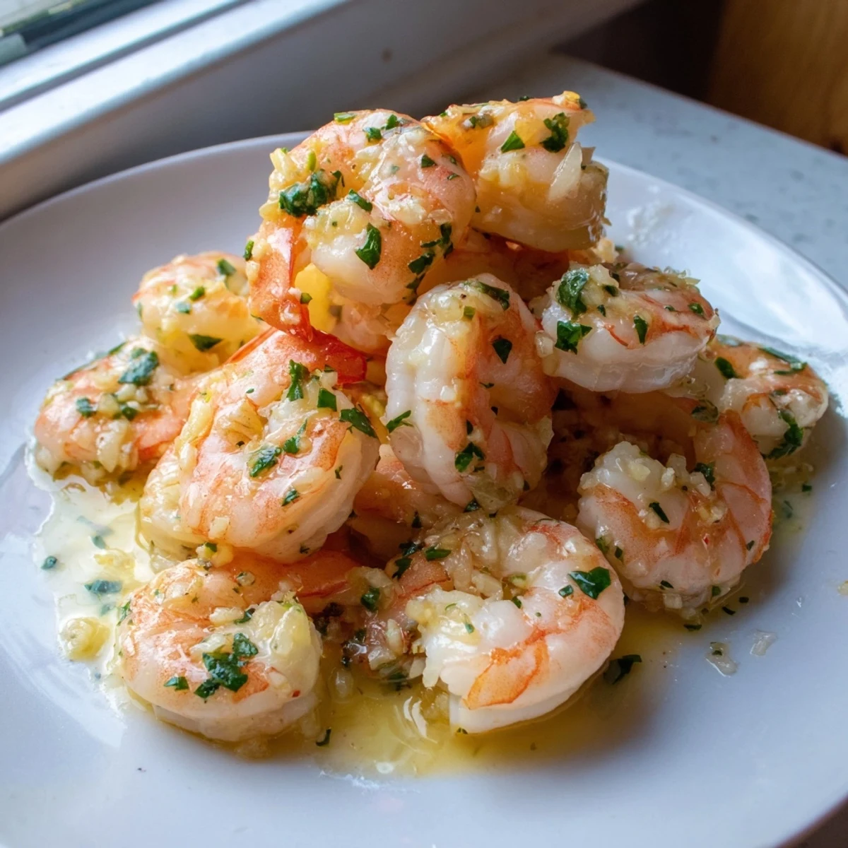 Sizzling buttered shrimp plated on a white dish with crusty bread for dipping