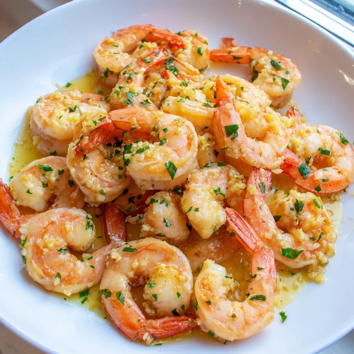 Close-up of buttered shrimp tossed in a rich, lemony garlic butter sauce