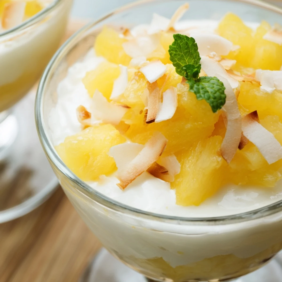Mini pineapple condensed coconut milk cups topped with toasted coconut flakes and fresh mint