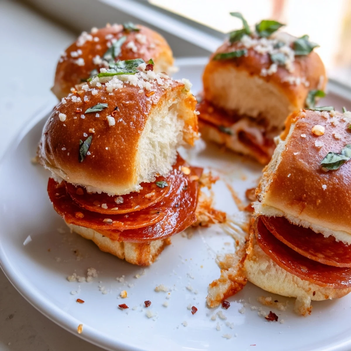 Hot honey pepperoni pizza sliders with gooey cheese on golden toasted rolls