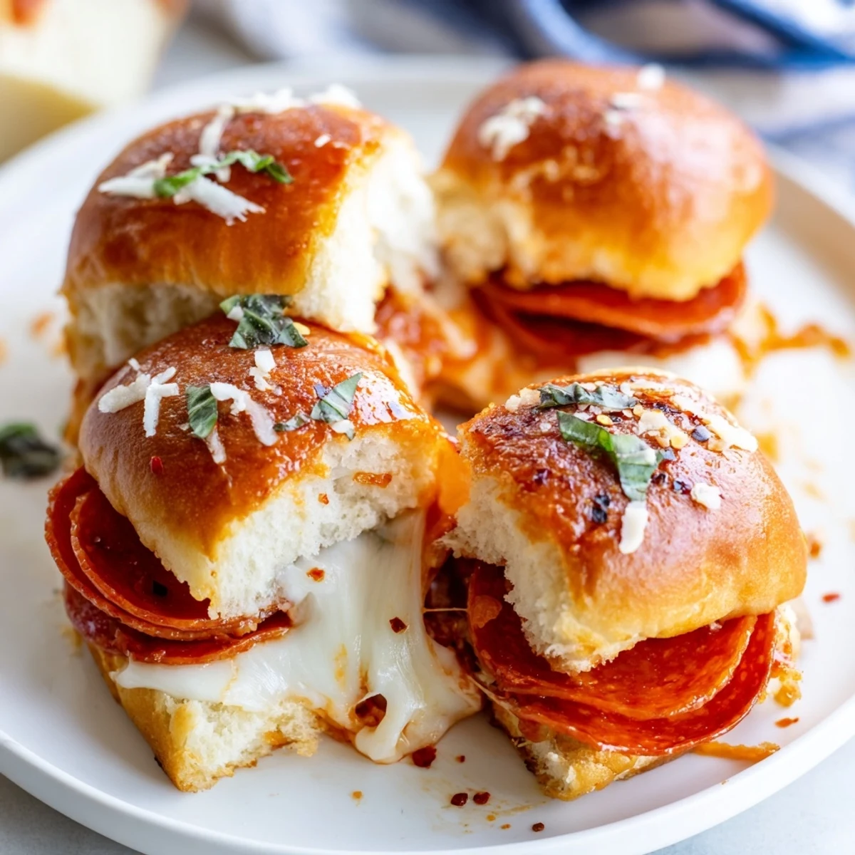 Crispy baked hot honey pepperoni pizza sliders oozing with melted mozzarella cheese