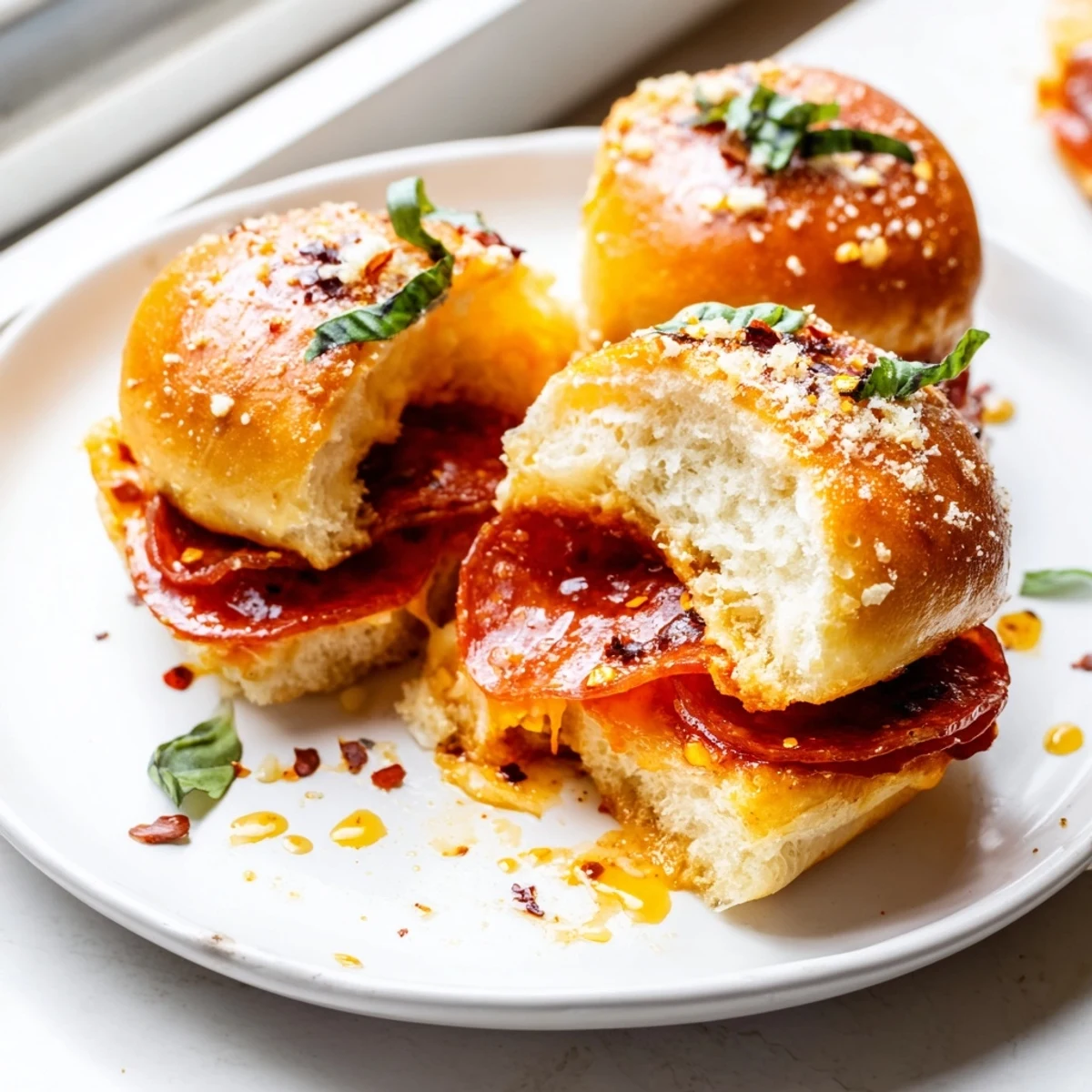 Pepperoni topped hot honey pepperoni pizza sliders drizzled with sweet spicy glaze