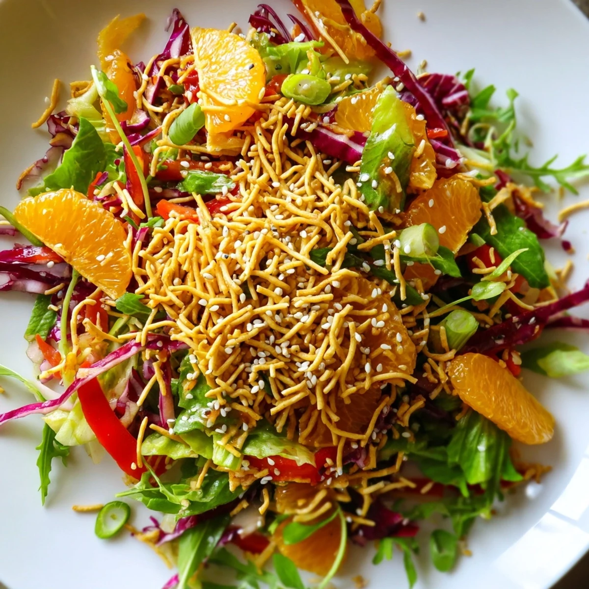 Colorful Mandarin Sesame Crunch Salad drizzled with tangy dressing in a rustic bowl