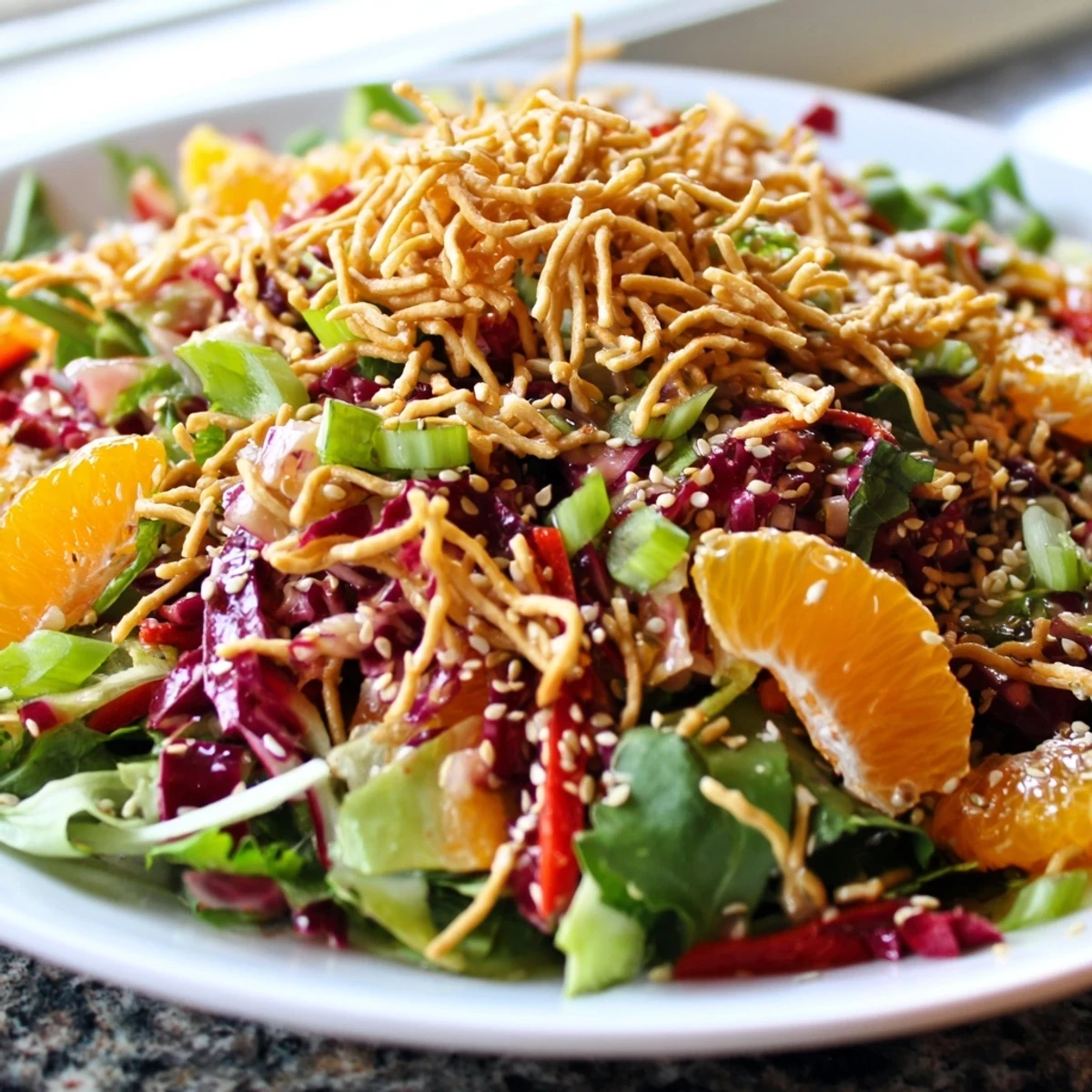 Fresh Mandarin Sesame Crunch Salad featuring vibrant cabbage, carrots, and toasted sesame topping