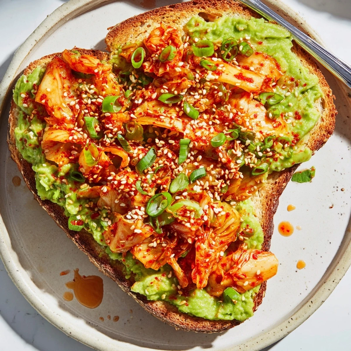 Kimchi avocado toast topped with bright green onions and a drizzle of sesame oil