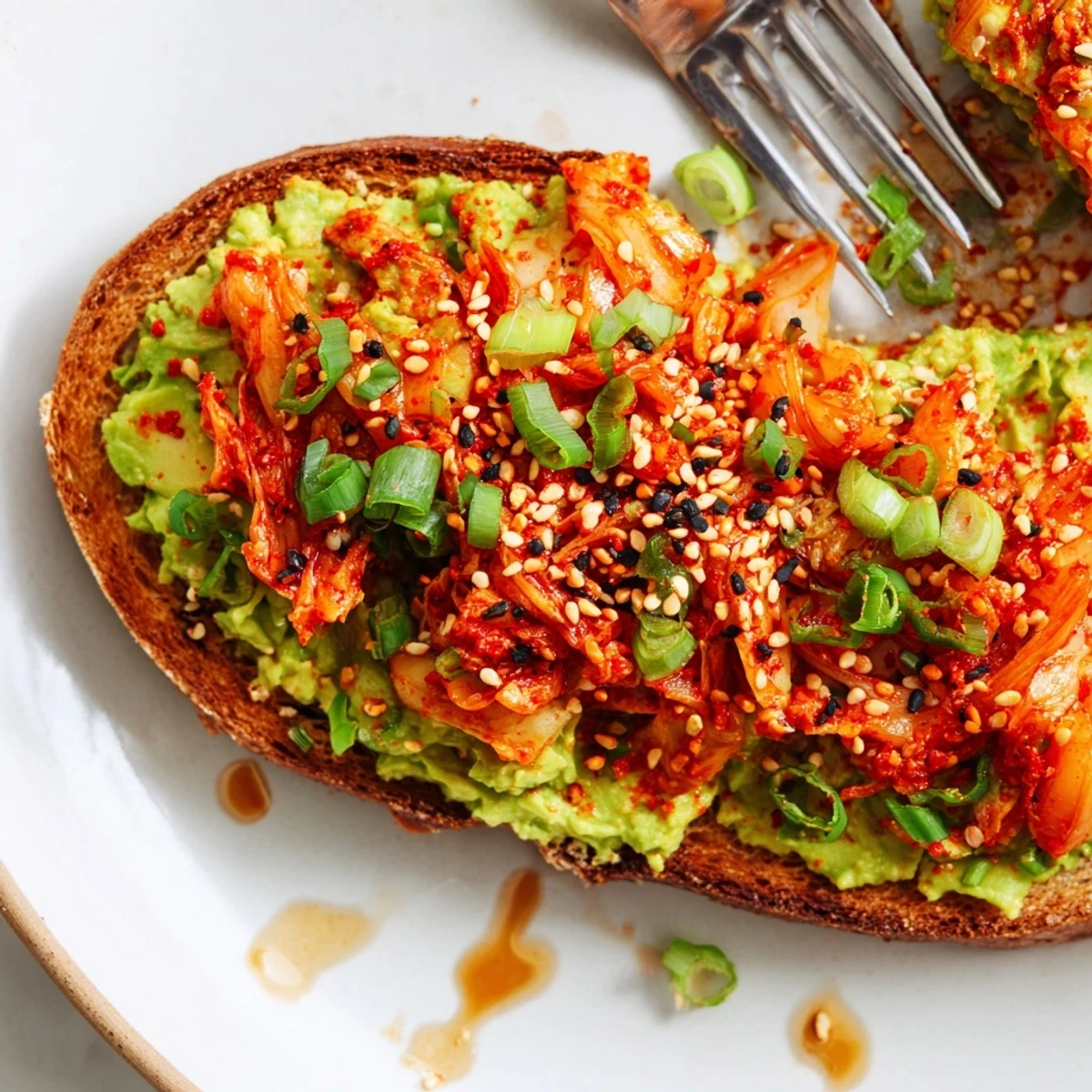Creamy avocado and spicy kimchi piled on golden sourdough toast with sesame seeds