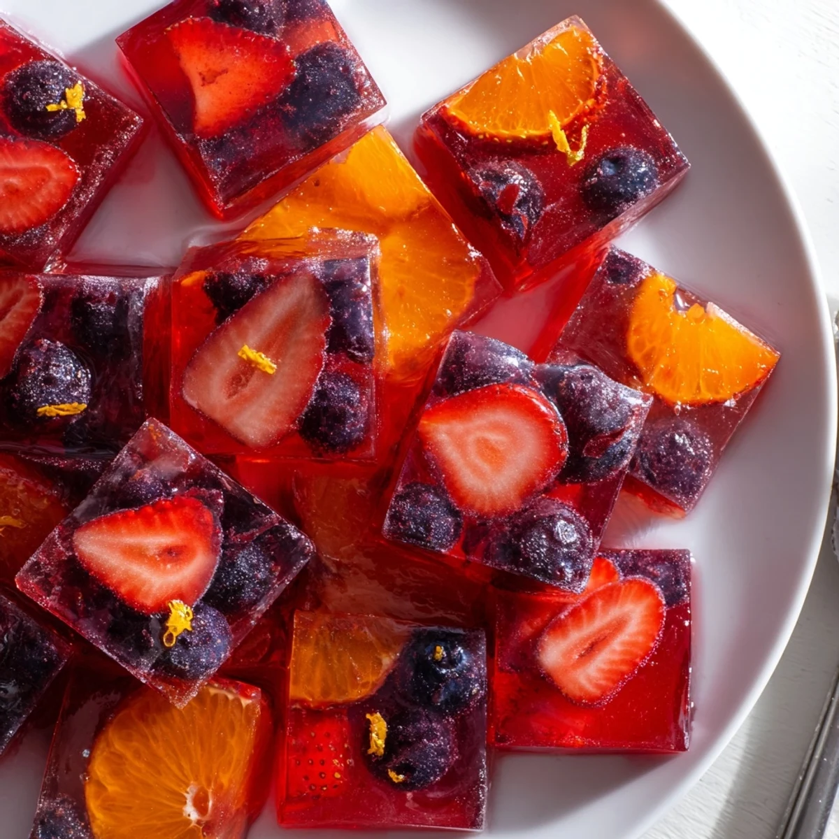 Glossy collagen fruit jellies gleaming in vibrant berry colors on a chilled plate