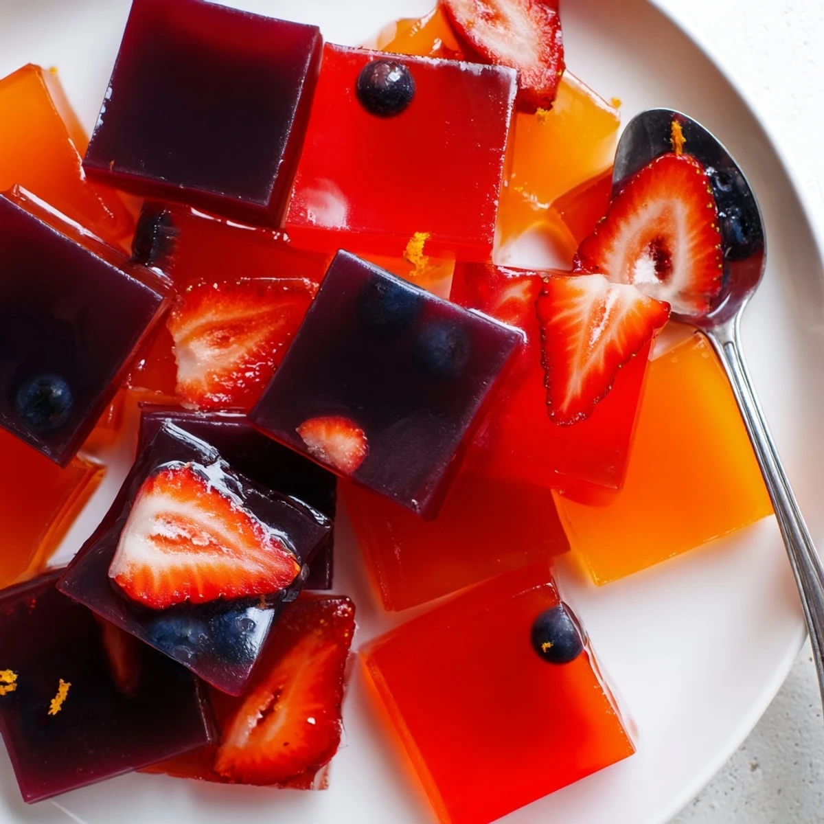 Homemade collagen fruit jellies with fresh berry garnish in colorful silicone molds