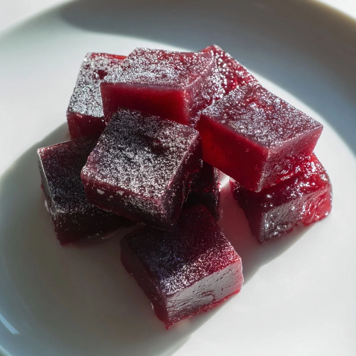 Sparkling collagen fruit jellies in vibrant jewel-toned colors arranged on a white plate