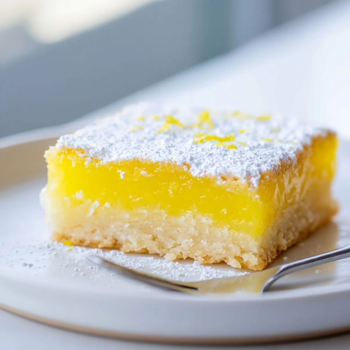 Golden simple lemon bars with powdered sugar on a rustic cutting board