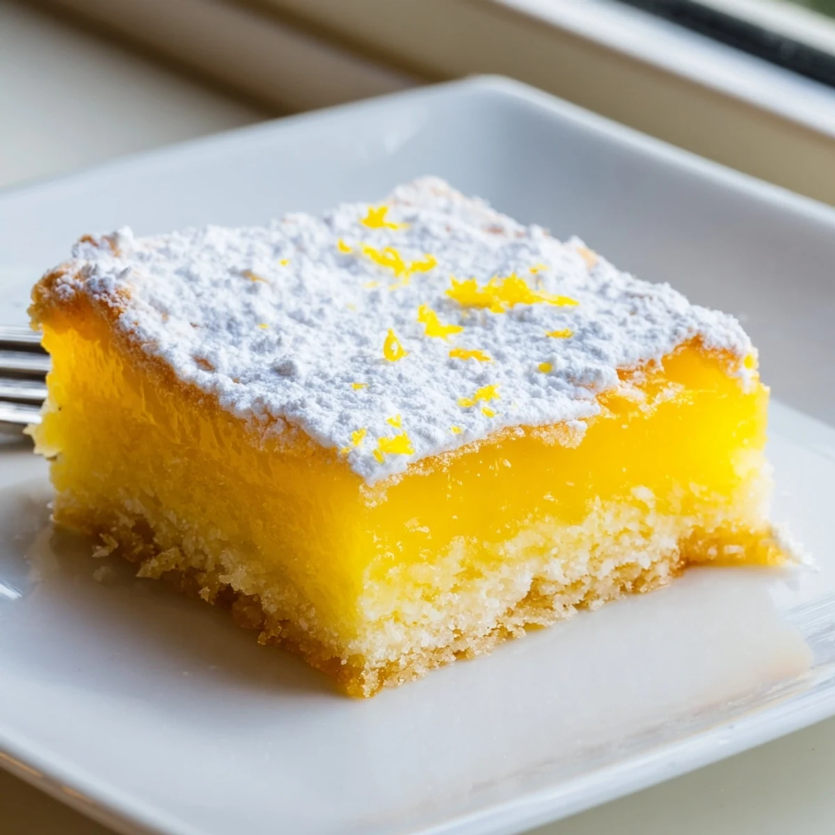 Bright yellow simple lemon bars with a buttery shortbread crust ready to serve