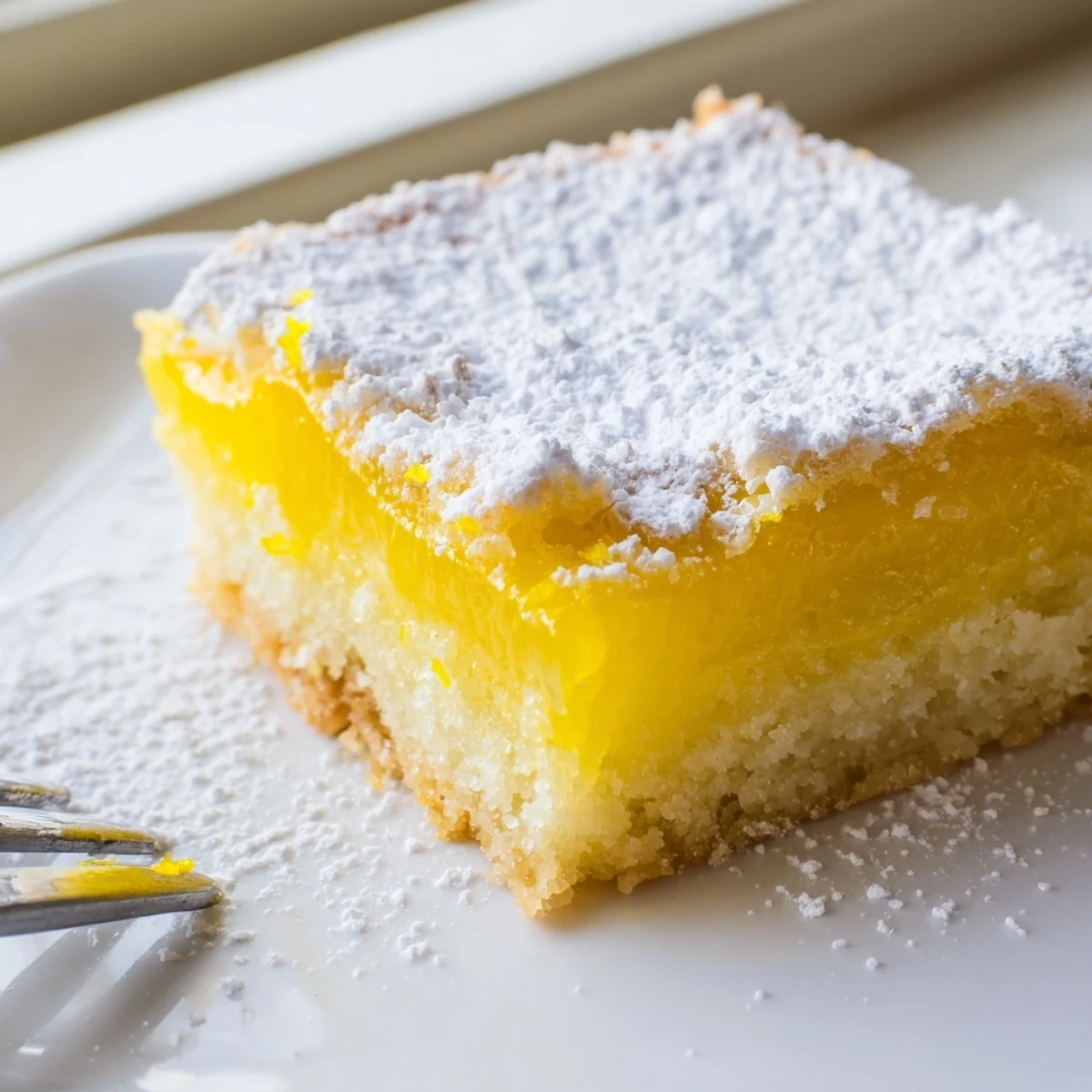 Simple lemon bars sliced into squares topped with fluffy powdered sugar dusting