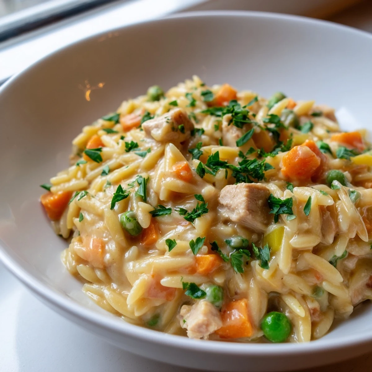 Creamy chicken pot pie orzo served steaming in a rustic bowl with fresh parsley