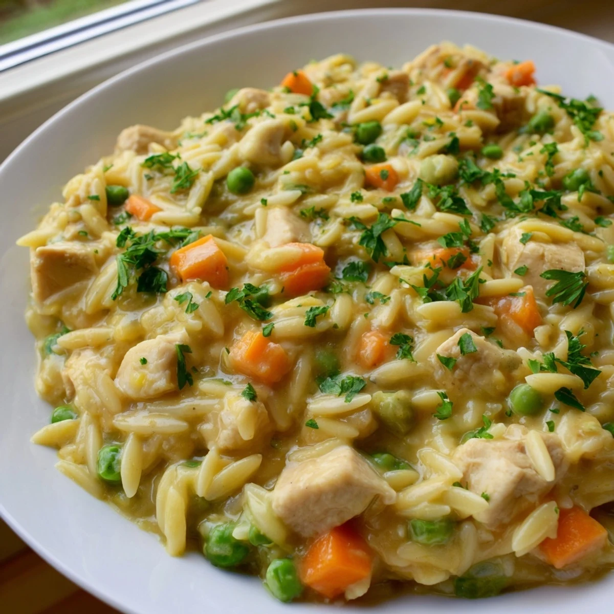 Golden creamy chicken pot pie orzo loaded with tender vegetables in a rich sauce
